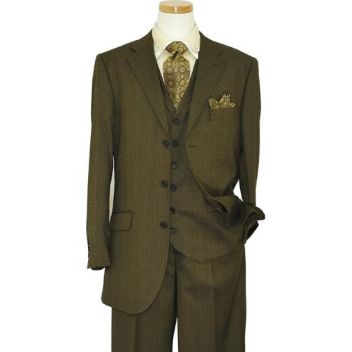 Bertolini Chocolate Brown With Taupe Windowpanes Wool & Silk Blend Vested Suit 76705